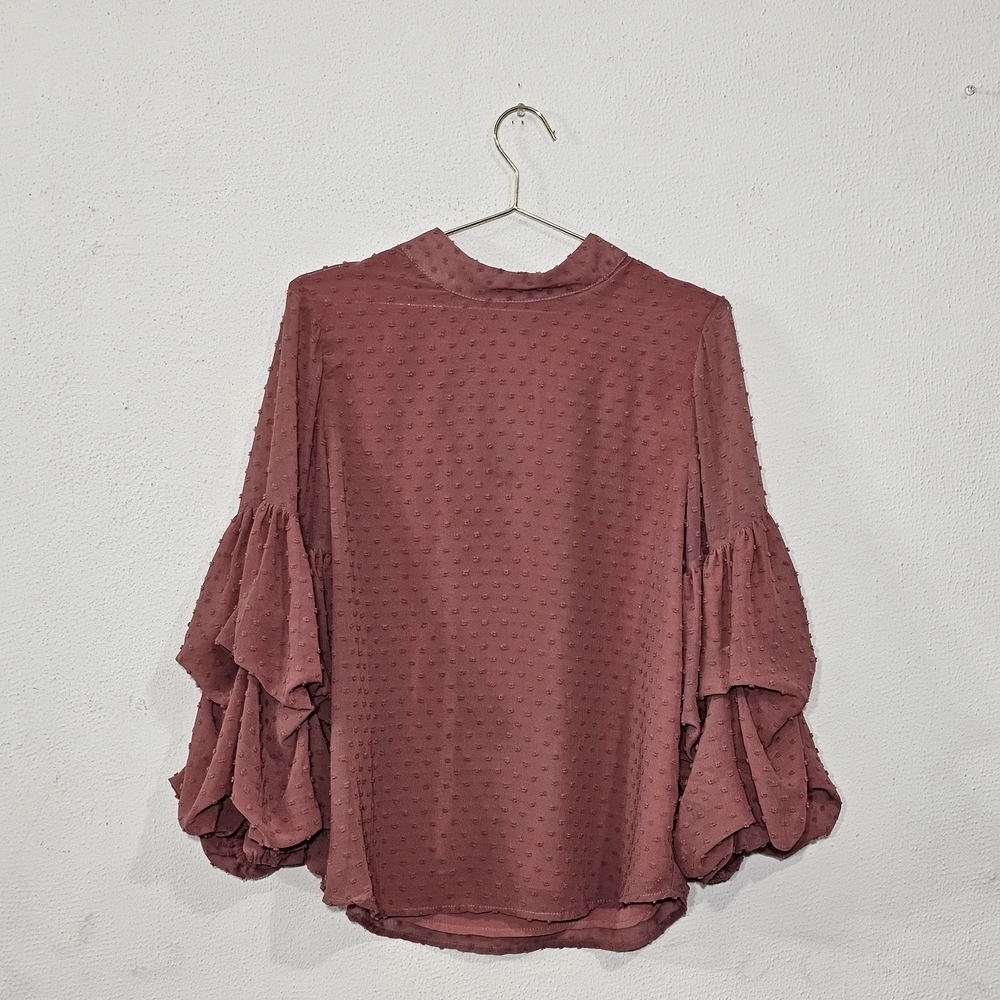 Wishlist Mauve Swiss Dot Mock Neck Blouse Tiered Bell Sleeve Medium